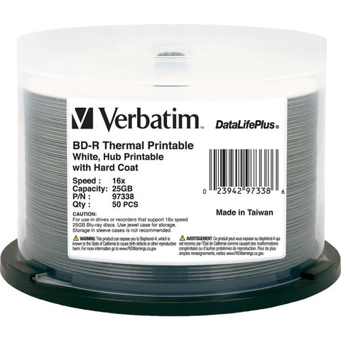 Verbatim BD-R 25GB 16X DataLifePlus White Thermal Printable, Hub Printable - 50pk Spindle 97338