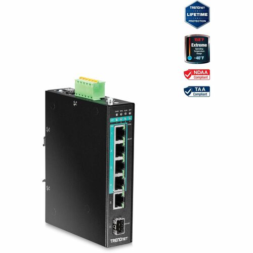 TRENDnet 5-port Hardened Industrial Gigabit PoE+ DIN-Rail Switch TI-PG541