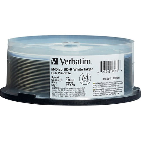 Verbatim M-Disc BD-R 100GB 4X White Inkjet Printable, Hub Printable - 25pk Spindle 98915