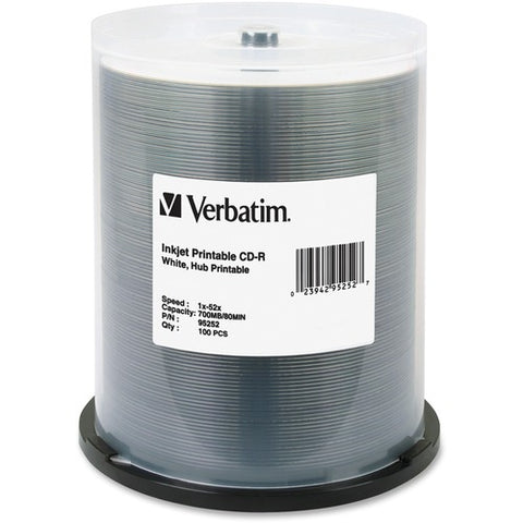 Verbatim CD-R 700MB 52X White Inkjet Printable, Hub Printable - 100pk Spindle 95252