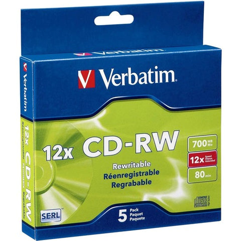 Verbatim CD-RW 80MIN 700MB 4x-12x High Speed 5pk Slim Case 95157